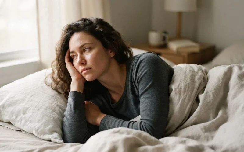 a person lying in bed looking thoughtful