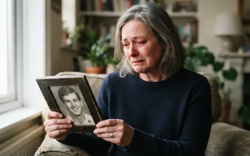 a person holding a framed photograph and looking sad