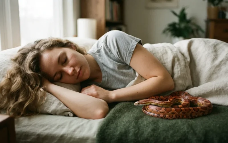 a person sleeping in bed with a snake nearby
