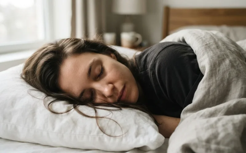 a woman sleeping in bed with hair strands on the pillow