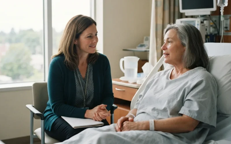 a social worker talking with a patient in a hospital room