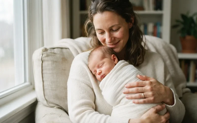 a woman holding a newborn baby