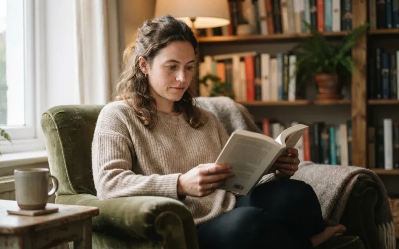 a person sitting in a cozy chair reading a book