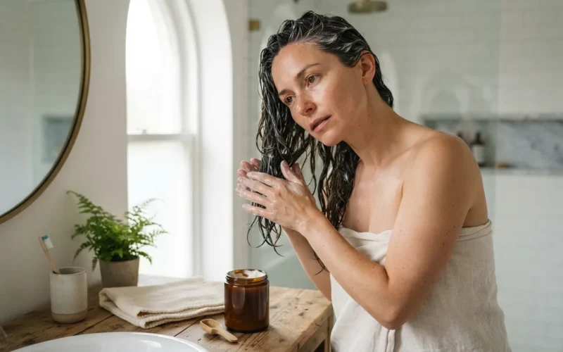 a woman applying a hair mask in a bathroom