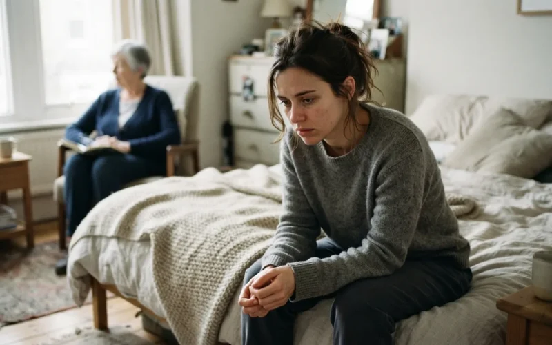 a tired woman sitting alone on a bed, looking thoughtful or distressed, with a calm older person visible in the background