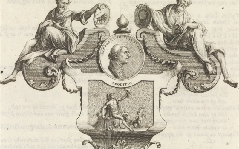 IdentificatieTitel(s): Embleem: Judas. Portret van paus Alexander VIObjecttype: prent boekillustratie Objectnummer: RP-P-OB-52.850Omschrijving: Een embleem in de vorm van een cartouche. Op de cartouche de twee verraders uit de Bijbel: Links Achitofel, de verraderlijke raadgever van koning David. Rechts Judas, die voor 30 zilverlingen Christus verraadde. In het midden in de cartouche een medaillon met het portret van paus Alexander VI in profiel. Onder het medaillon de personificatie Verraad.VervaardigingVervaardiger: prentmaker: Jan Goeree (vermeld op object), naar ontwerp van: Jan Goeree (vermeld op object), uitgever: Gerard onder de Lindenuitgever: Johannes van BraamPlaats vervaardiging: prentmaker: Amsterdam, uitgever: Amsterdam, uitgever: DordrechtDatering: 1723Fysieke kenmerken: gravureMateriaal: papier Techniek: graveren (drukprocedé)Afmetingen: blad: b 151 mm × h 110 mmToelichtingBoekillustratie voor Martinus Koning, Lexicon hieroglyphicum sacro-profanum, of Woordboek van gewyde en ongewyde voor- en zinnebeelden. Dordrecht bij Joannes van Braam en Amsterdam bij Gerard onder de Linden, 1723, dl. 3 (J), p. 218.OnderwerpWat: Judas Iscariot (not in biblical context), male persons from the Old Testament (with NAME) (not in biblical context) - other activities, relationships, etc. of male persons from the Old Testament. BetrayalWie: Alexander VIVerwerving en rechtenVerwerving: onbekendCopyright: Publiek domein