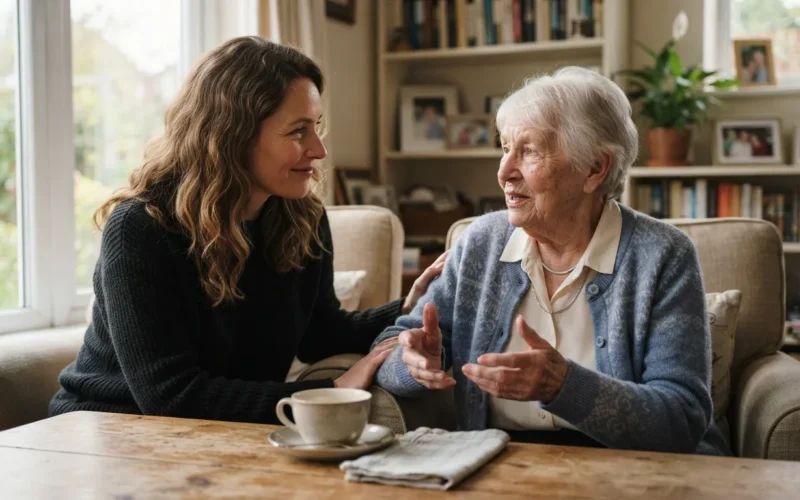a woman having a thoughtful conversation with an elderly woman