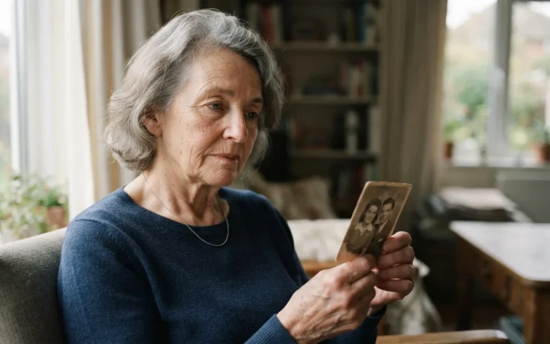 a person looking thoughtfully at an old photograph