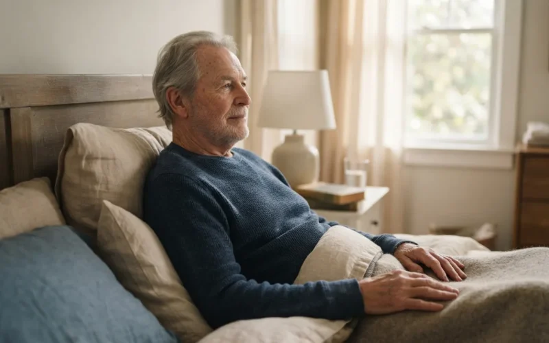 an elderly man in a dreamy bedroom scene