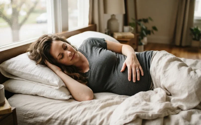 a pregnant woman lying on her side in bed