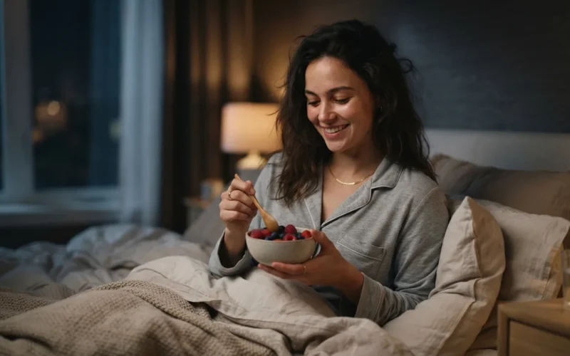 a person eating a light snack in bed at night