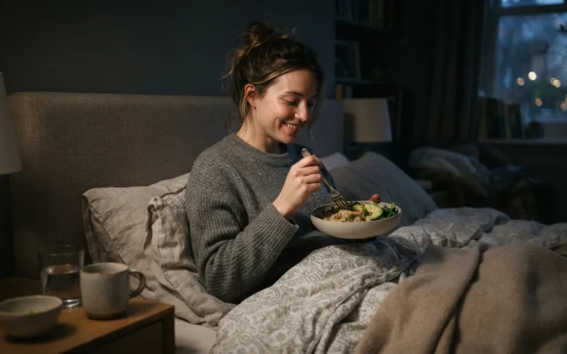 a person eating a light meal in bed at night