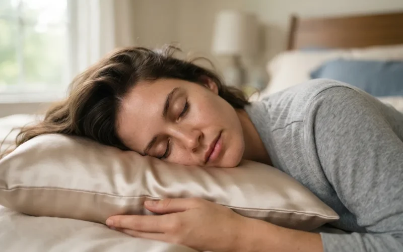 a woman sleeping on a silk pillow