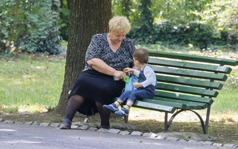 człowiek, kobieta, natura, grandmother, dziecko, pokój, ławka, kurtka z futrzanym kapturem, trees, naturalnie, lato