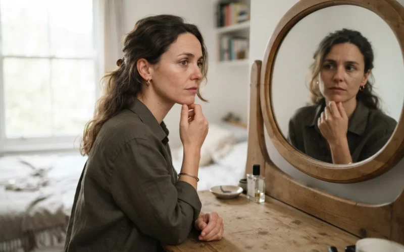 a woman looking thoughtfully into a mirror