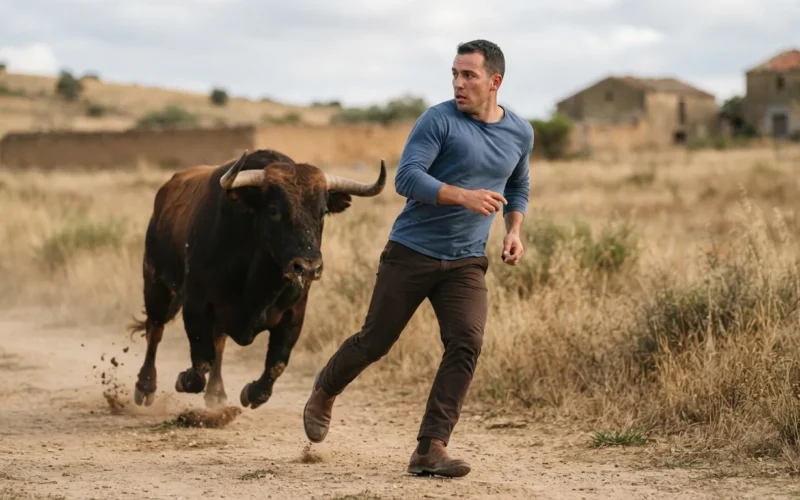 a person being chased by a bull