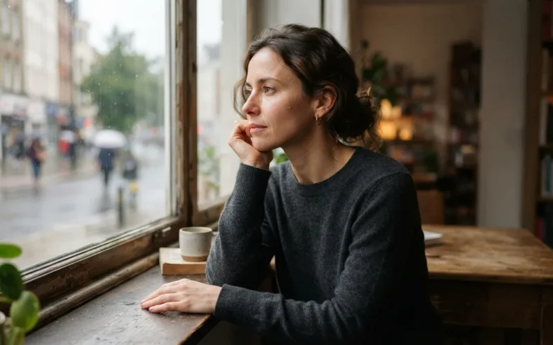 a woman looking thoughtfully out a window