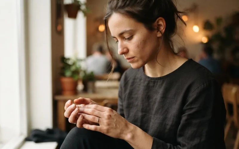 a person looking thoughtfully at their hands