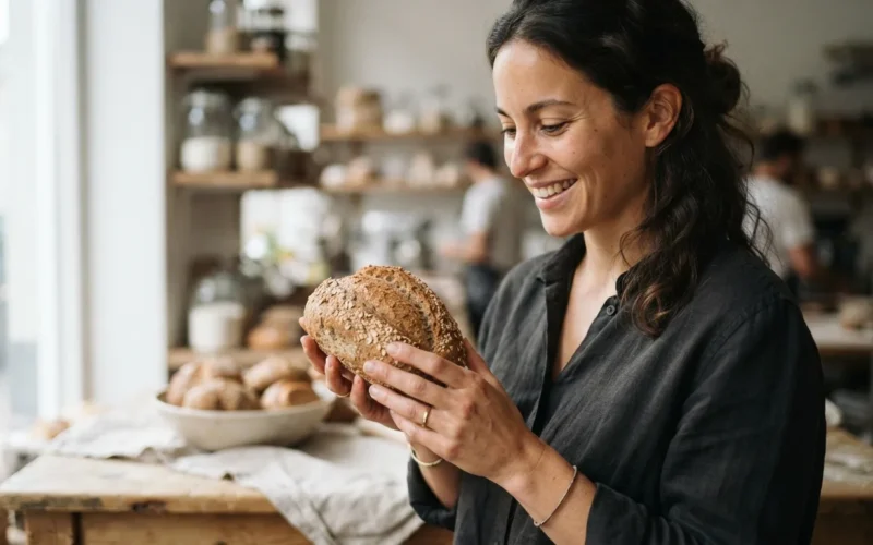 a person holding a whole wheat bread roll