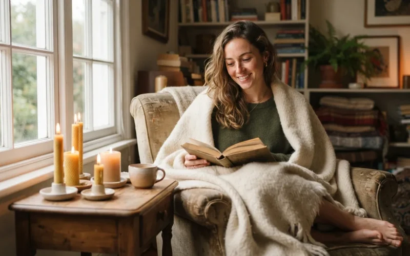 a person sitting in a cozy room with candles and soft lighting
