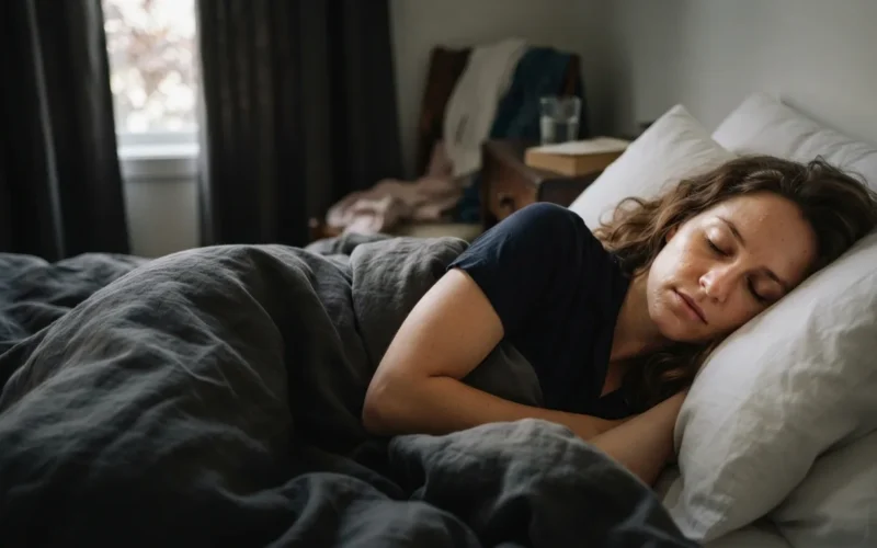a person sleeping in a dark bedroom during the day
