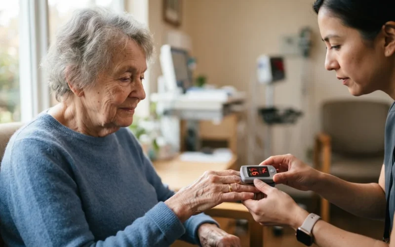 an elderly person having their blood oxygen level checked with a fingertip pulse oximeter