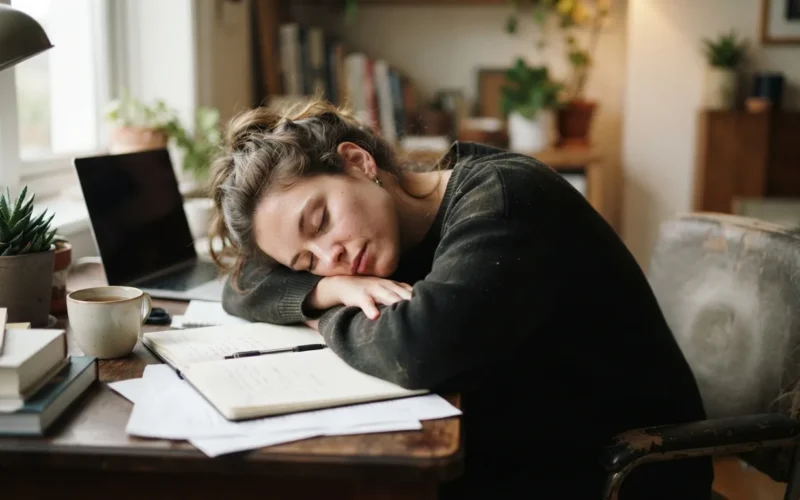 a woman sleeping at her desk