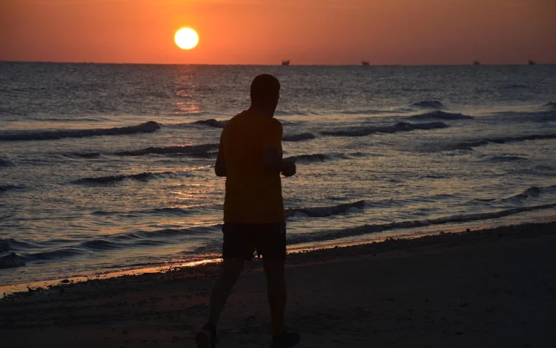 man, running, beach, sea, natura, sunset