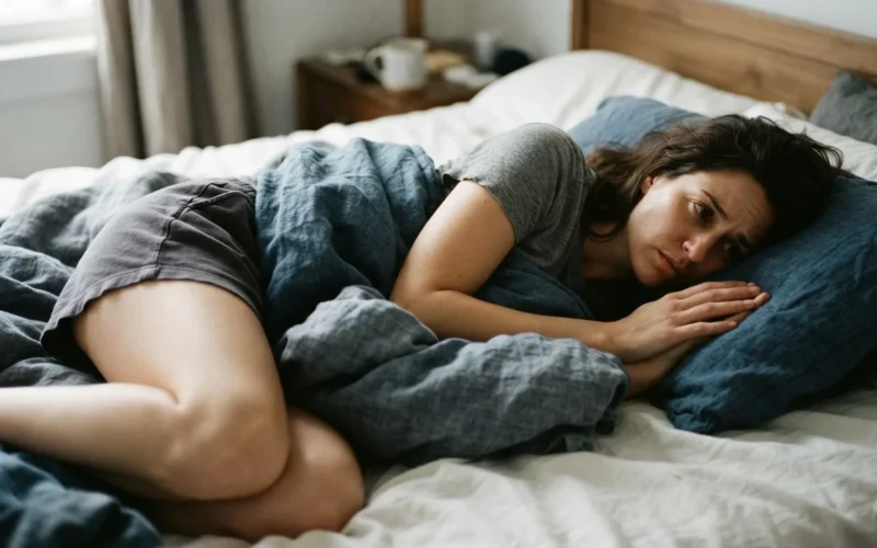 a person lying in bed looking distressed, with legs uncovered