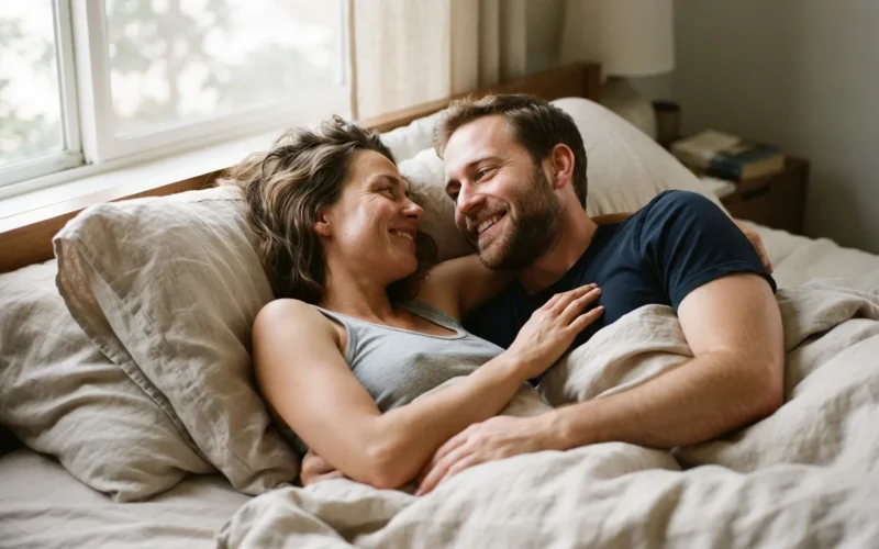 a couple lying in bed smiling at each other
