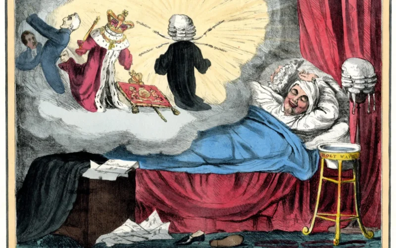 O'Connell lies asleep, wreathed in smiles, next his wife, whose profile is framed by a frilled cap. Beside the bed (right) are his barrister's wig on a wig-block, a tripod supporting a wash-basin and inscribed 'Holy Water', many recently opened letters, one 'To Daniel O'Connell Esqr M.P.', the others showing only the broken seal and a large 'M.P.' The dream, ringed by clouds, fills the space above the bed. His wig and gown, in back view, is a storm-centre; the tails of the wig fly outward, each pointing to the word 'agitation'. Beside it are the Mace and the Purse of the Great Seal; the royal robes with crown, sceptre, and collar of the Garter forming the King, and, as if being blown into space, Wellington, Peel, and Lyndhurst, all dismayed. Aug 15 1829 Hand-coloured lithograph