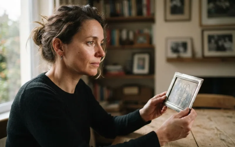 a woman looking thoughtfully at an old family photograph