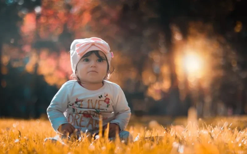 Adorable child sitting in a sunlit field with autumn foliage, exuding warmth and innocence.