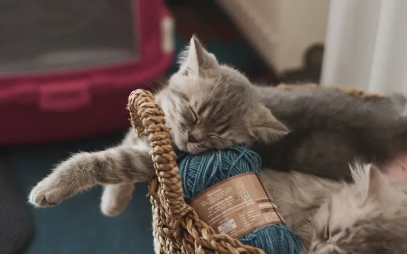 Adorable kittens peacefully sleeping in a basket with blue yarn indoors.