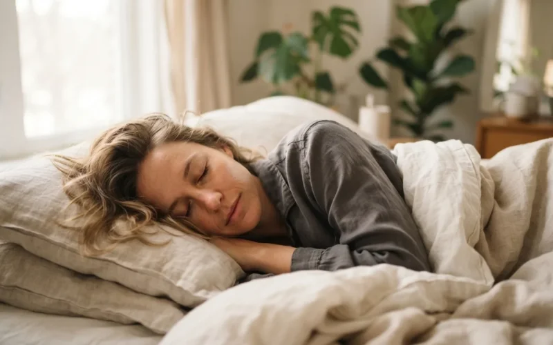 a person sleeping in bed with a dreamlike atmosphere