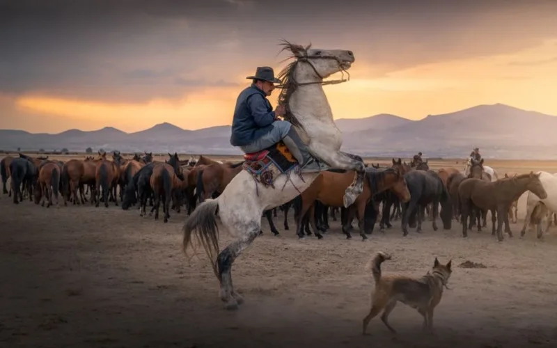 A cowboy skillfully rides a rearing horse amidst a herd at sunset in Kayseri, Türkiye.