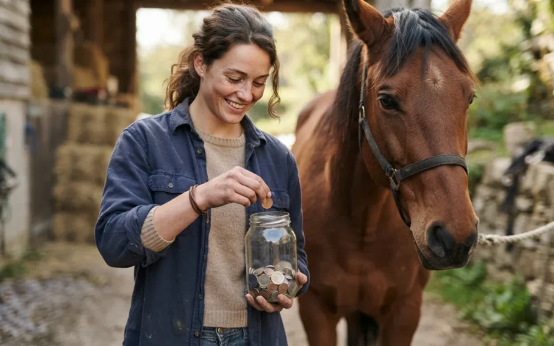 a person saving coins in a jar next to a horse
