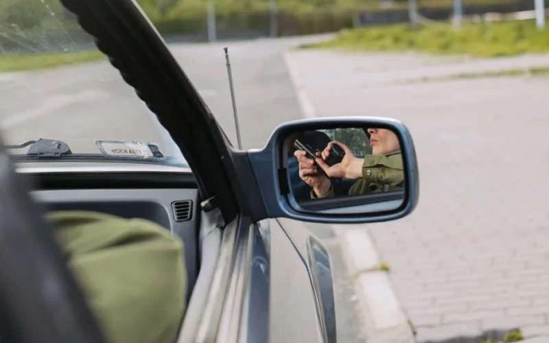 A person with a gun captured in the car's side mirror, suggesting a mysterious scenario.