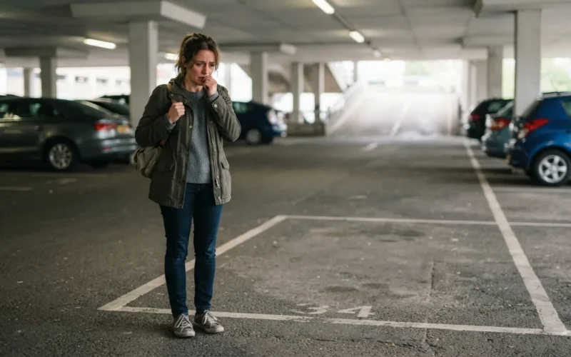 a person looking distressed next to an empty parking space