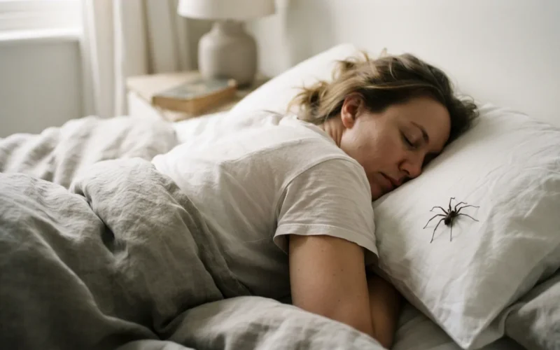 a person lying in bed asleep, with a large black spider nearby