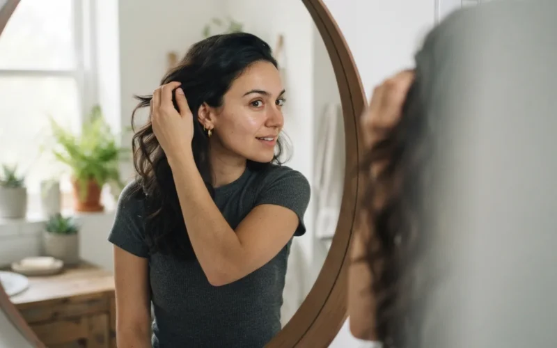 a person touching their hair while looking in a mirror
