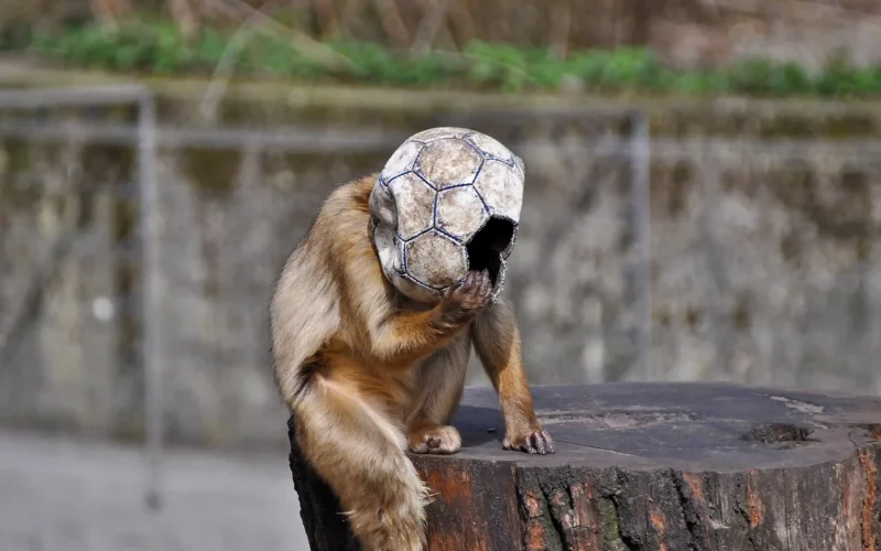małpa, piłka nożna, natura, piłka, zabawa, migawka, maska, przebranie, prymas, ogród zoologiczny, zwierzę, ssak, monkey ball, monkey football, funny monkey