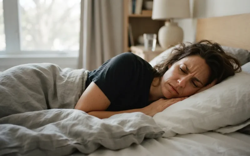 a woman sleeping in bed with a worried expression
