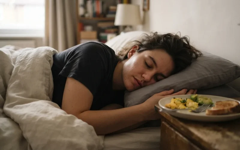 a person sleeping with a plate of food nearby