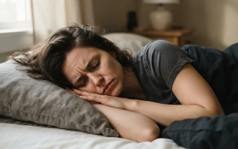 a person looking thoughtful or worried while sleeping