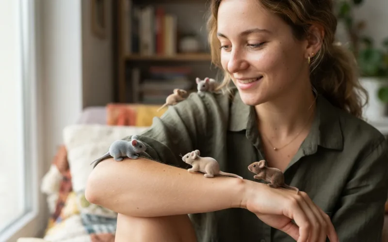 a person with small toy mice on their skin