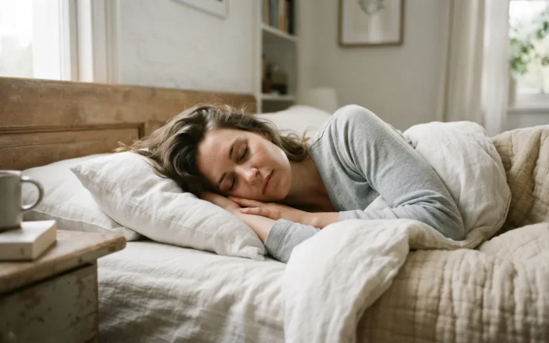 a woman sleeping in bed