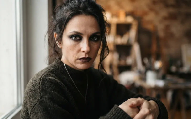 a woman with intense expression and dramatic dark makeup
