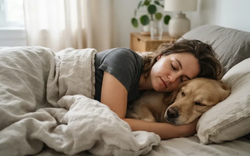 a person sleeping in bed with a dog
