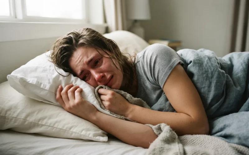 a person crying in bed